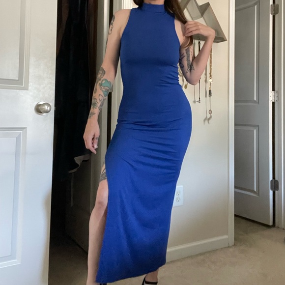 Forever 21 Dresses & Skirts - Capella royal blue bodycon mockneck dress with side slit - M